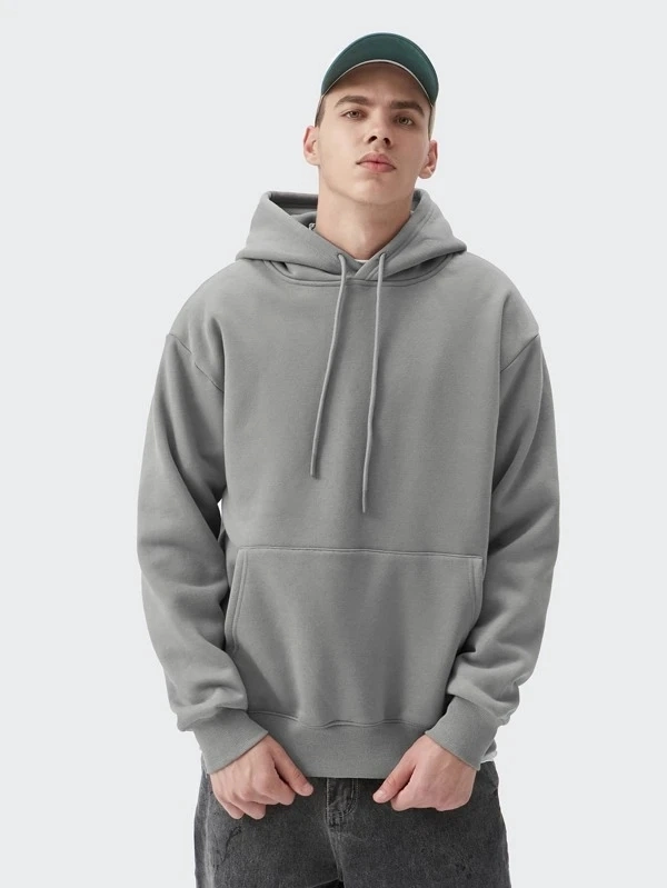 Wholesale Clothing Hight Quality Men Light Grey Kangaroo Pocket Thermal Drawstring Hoodie Pullover Men′ S Hoodies