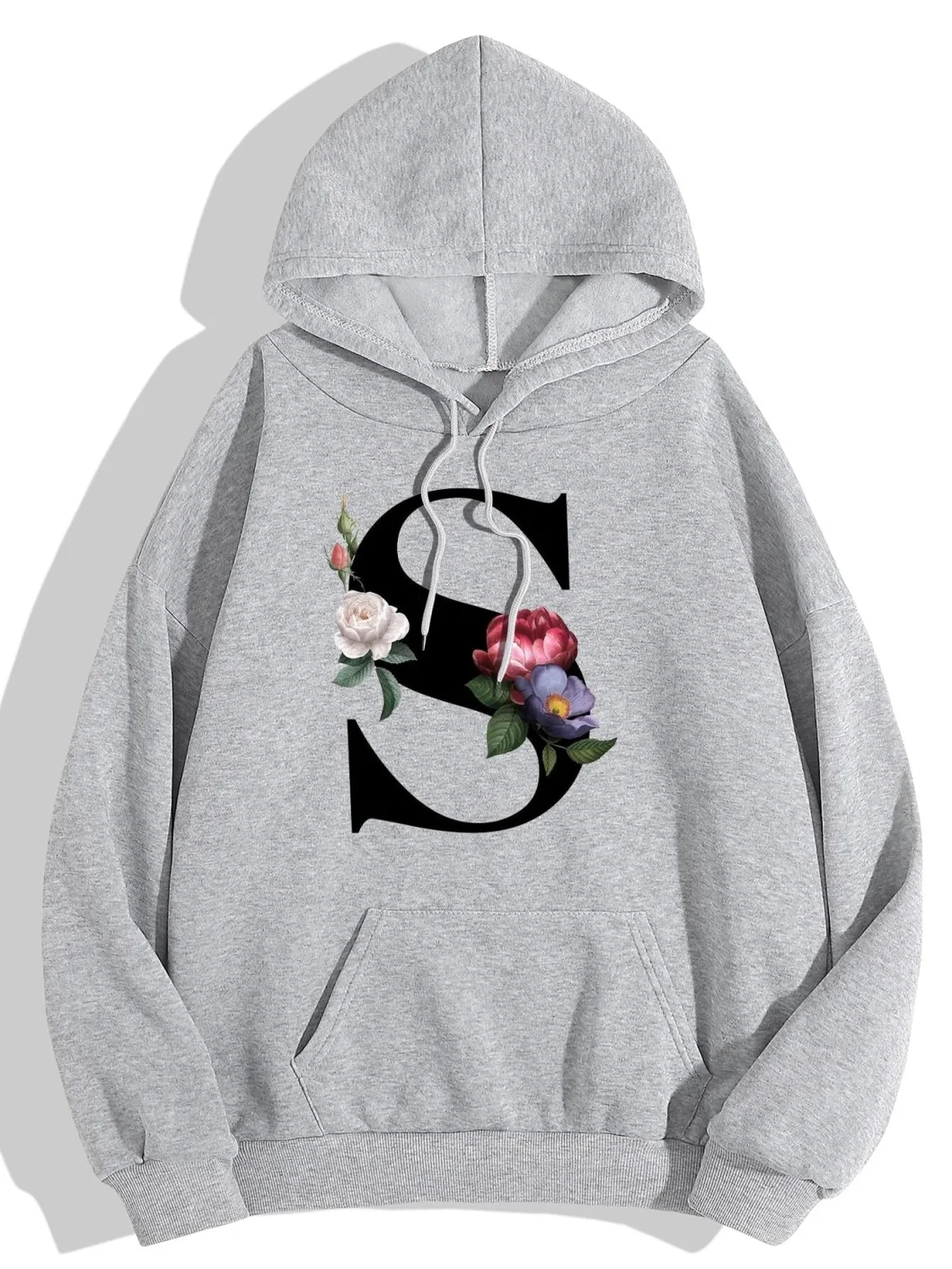 2022 New Design Letter & Floral Print Kangaroo Pocket Drawstring Thermal Hoodie Women Hoodies with Drawstring Hood