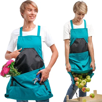 Delantal de jardinería personalizado del fabricante, bolsa de almacenamiento de lona, ​​selección de huerto de frutas y verduras con bolsillo, delantal de jardín