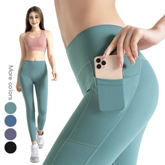 Yoga Fitness pantalones de mujer de cintura alta Hip Lift Peach HIPS bolsillos laterales dobles desnudo deporte pantalones entrenamiento negro polainas