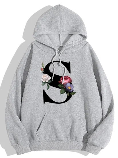 Sudadera con capucha térmica con cordón y bolsillo de canguro con estampado Floral y letras de nuevo diseño 2022, sudaderas con capucha para mujer con capucha con cordón