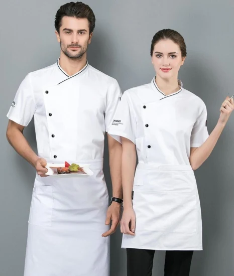 2023 nueva ropa de trabajo de cocina de Hotel con botones de choque de alta calidad con bolsillos uniforme de Chef de manga corta para hombres y mujeres