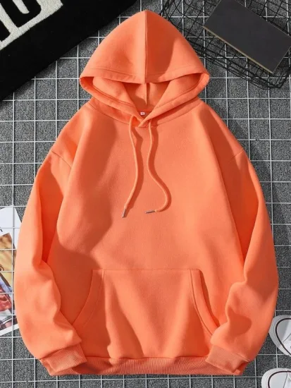 Fabricación OEM Diseño personalizado Unisex Color naranja liso 100% poliéster Manga regular Cordón Bolsillo canguro Sudaderas con forro térmico